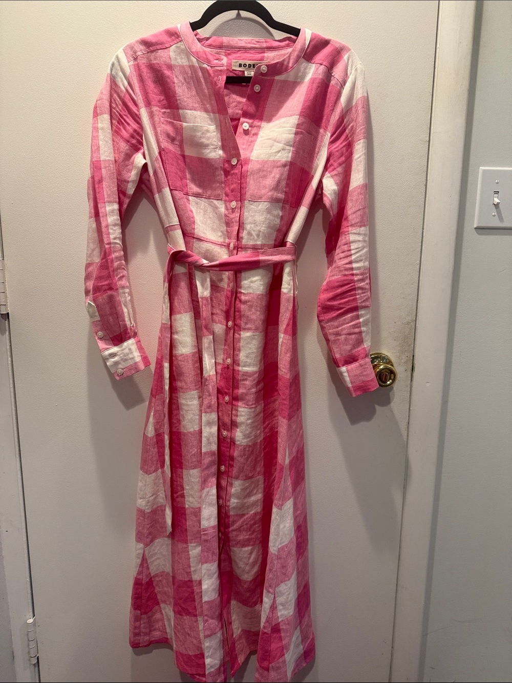 Boden Pink and White Check Gingham Button-Front Maxi Dress